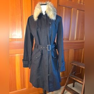 INC International Concepts Black Trench Style Coat Jacket w/Belt Removable Fur M